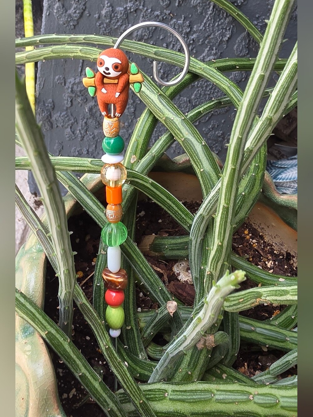 Handmade Beaded Plant Stick/garden Stake With Sloth Topper Orange & Green